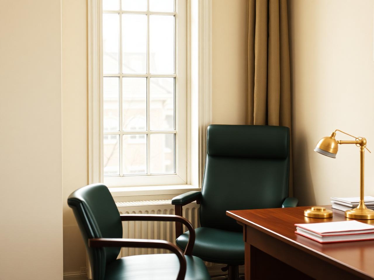 Traditional accounting practice office with green leather chairs and a brass desk lamp